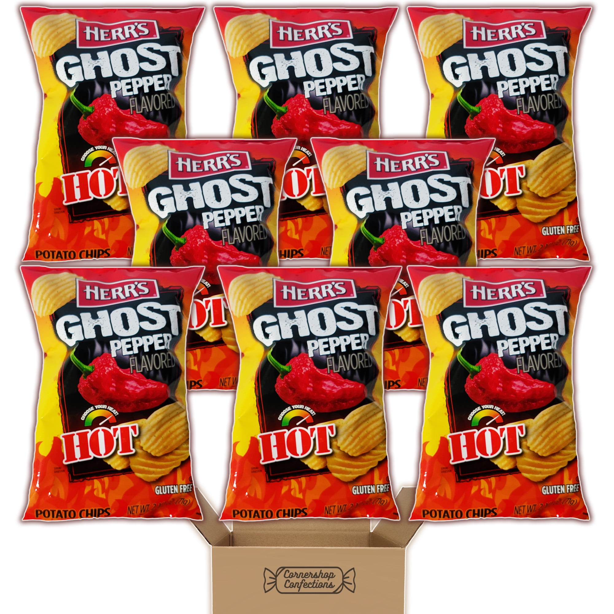 Herr's Ghost Pepper Flavored Potato Chips 8 Bag Bulk Pack - 8 Individually Sealed Bags of HOT Ripple Chips - Friendly Challenges, Movie Night, School Snack in Cornershop Confections Box