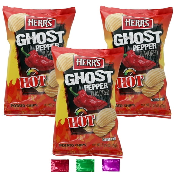 Herr’s Hot Ghost Pepper Flavored Potato Chips Snacks, Ripple Spicy Chips Party Lunch Stuffers Movie Night On the Go Snacking Halloween Treats 2.5 oz 3 Pack w/ Bonus Snoep in Beperkte Oplage