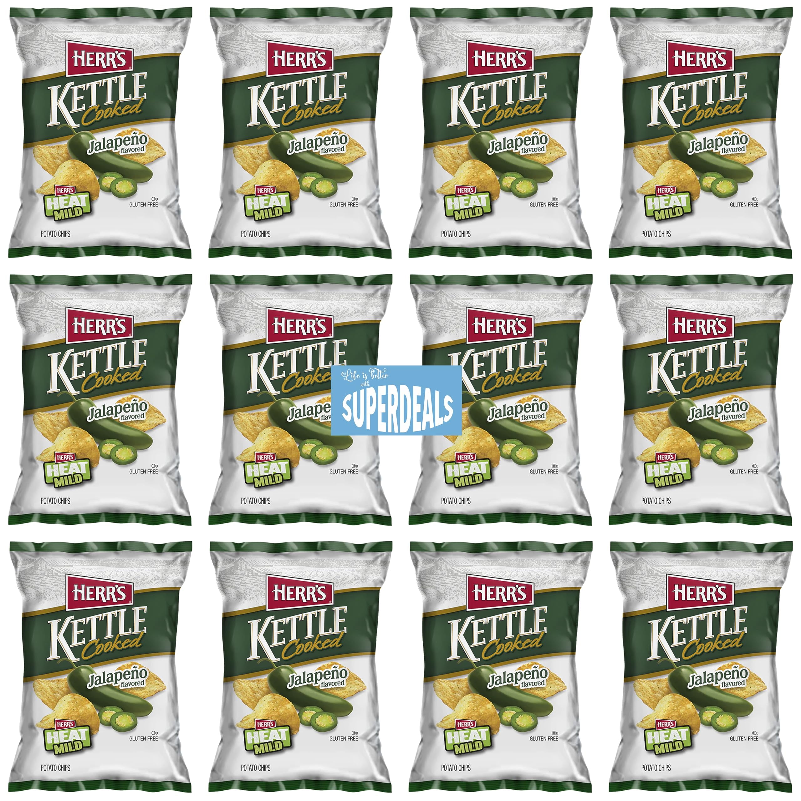 Herr's Kettle Cooked Jalapeno Flavored Potato Chips, 1.12 oz Pack of 12 ...