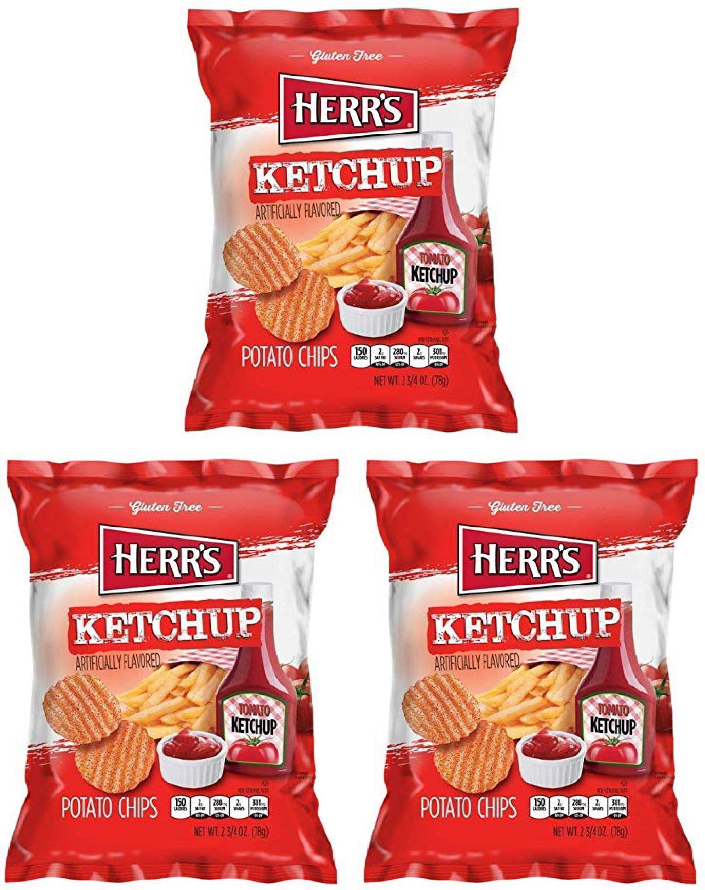 Herr's Potato Chips, Ketchup Flavored, 2.75 Oz/78 Gram. (Pack of 3