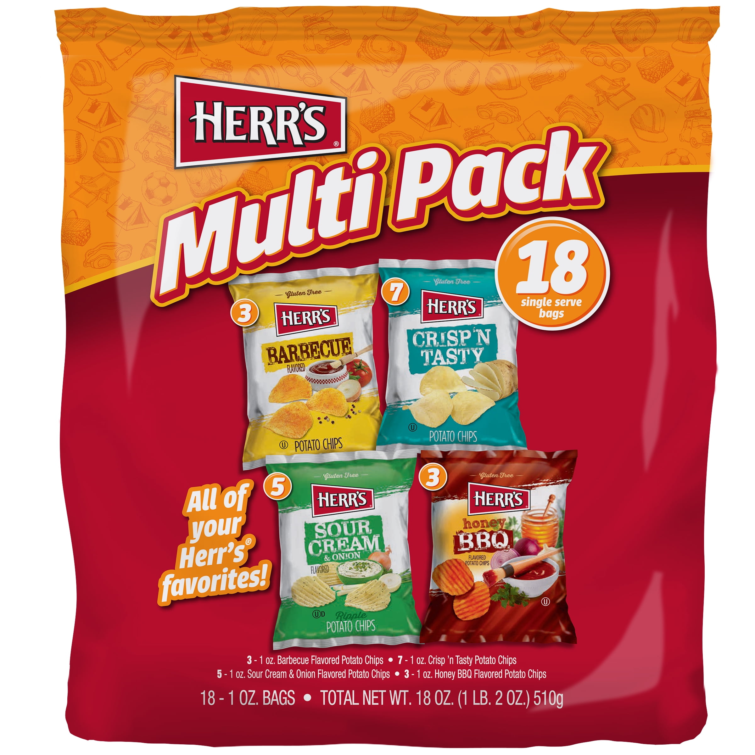 Herr's Potato Chips Multi Pack, 18 Count