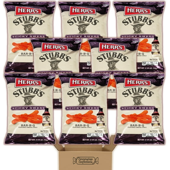 Herr's Stubb's Sticky Sweet Curls 8 Bag Bulk Pack - 8 Individually Sealed Bags of BBQ Flavored Cheese Curls - Friendly Challenges, Movie Night, School Snack in Cornershop Confections Pack