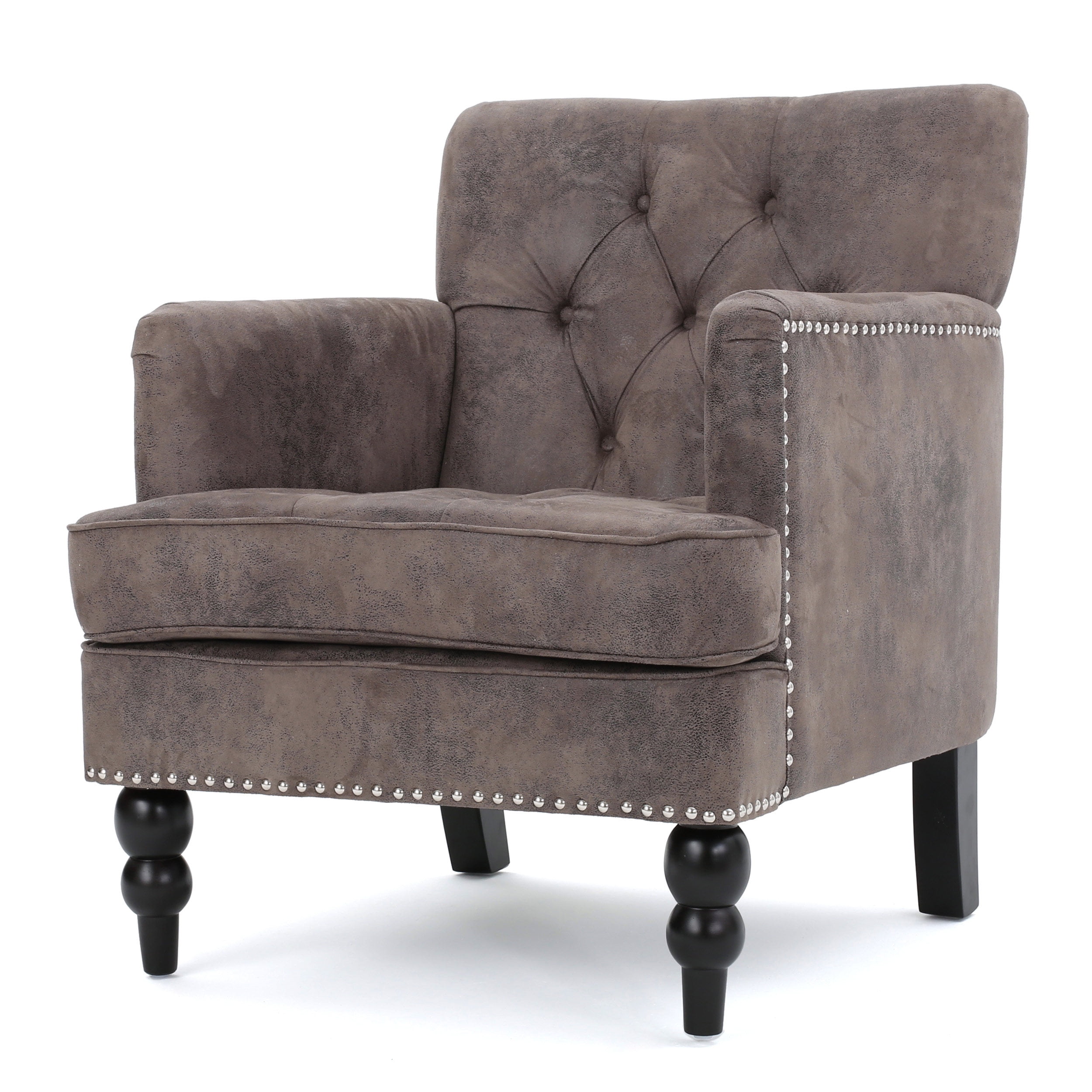 Handcrafted Taupe Microfiber Accent Chair with Tufted Back and Studded Trim
