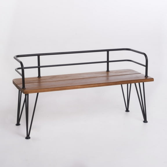 Herres Outdoor Industrial Iron and Acacia Wood Patio Bench, Teak, Silver