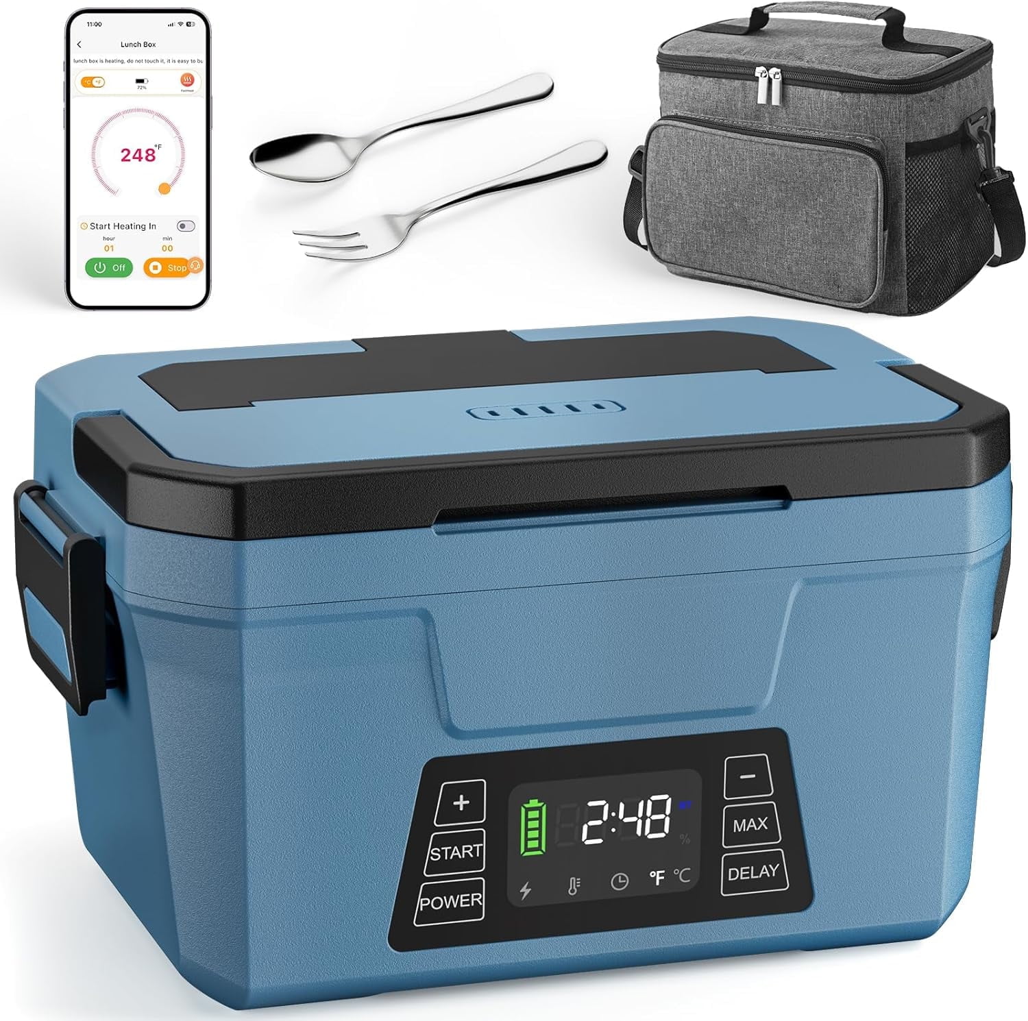 Herrfilk 80W Cordless Electric Lunch Box for Adults, APP Control Heated Lunch Box Food Warmer 9000mAh Rechargeable Self Heating Lunchbox,248℉ 5-sided Fast Heated for Work/Outdoor/Christmas White Elep