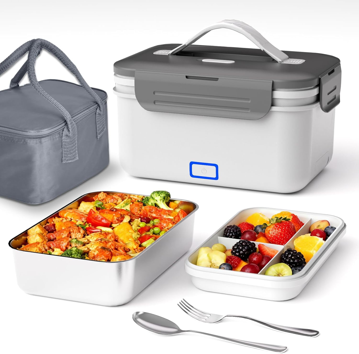 Herrfilk Cordless Electric Lunch Box, 1.8L Large Rechargeable Portable Food Warmer 4 in 1 Ultra Quick Self Heating Lunch Box with Storage Bag, Suitable for Travel/Driving/Construction Site Scenarios