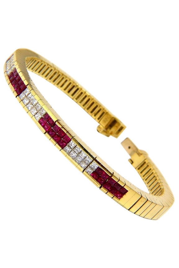 Herring Bone bracelet 18kt 3.50ct. natural ruby diamonds channel vintage deco