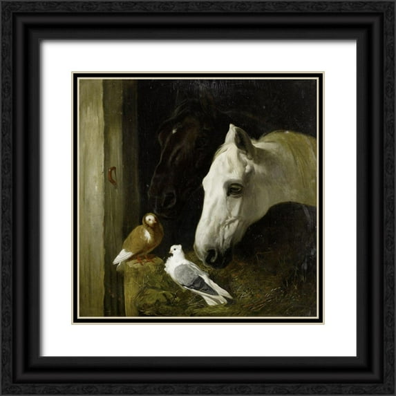 Herring, John Frederick 26x26 Black Ornate Wood Framed with Double Matting Museum Art Print Titled - Stable companions