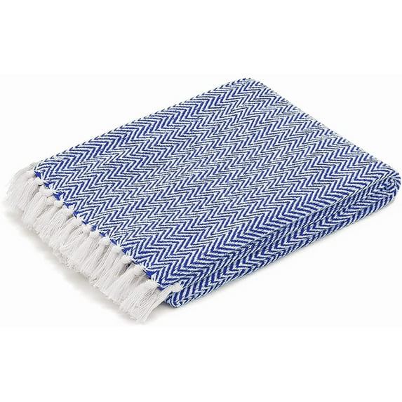 Herringbone Blanket Soft Woven Throw Blanket with Decorative Fringe for Bed, Sofa, Chair, Office, Outdoor - 50 x 60 in. Blue