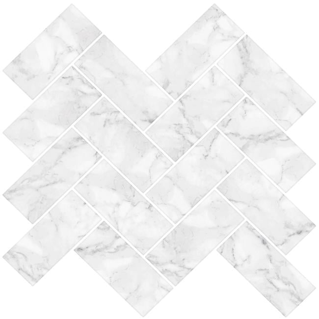 White and Off-White Herringbone Peel and Stick Marble Backsplash Tiles