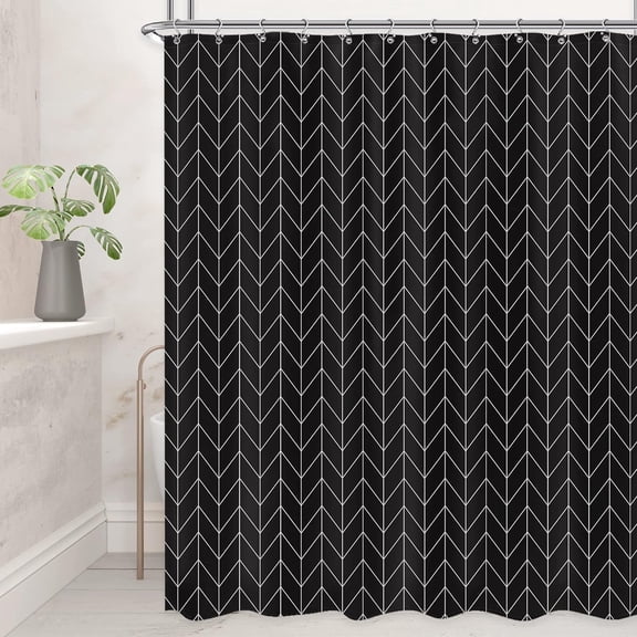 Herringbone Chevron Shower Curtain Extra Long 72x84 Inch Black Geometric Striped Modern Fashion Panel Decor Fabric Bathroom Set Polyester Waterproof 12 Pack Hooks