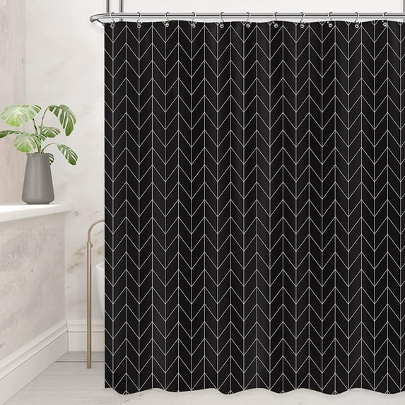 Herringbone Curtain Extra Long 72x84 Inch Black Geometric Striped Modern Fashion Panel Decor Fabric Bathroom Set Polyester Waterproof 12 Pack Hooks