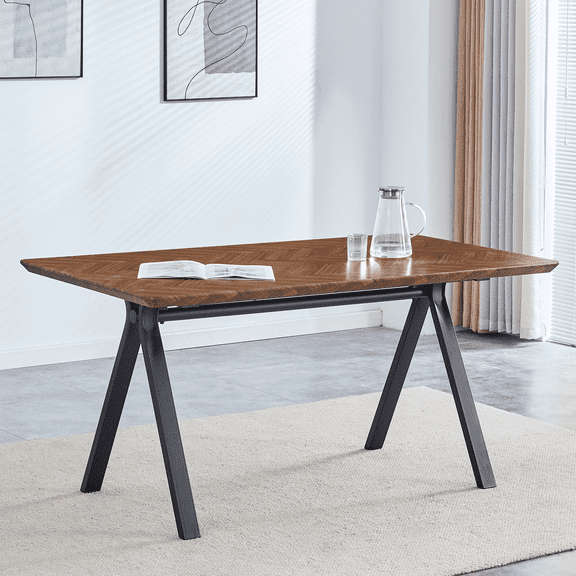 TesNus Herringbone MDF Dining Table, Modern Rectangular Table with Metal Legs, Textured Wood Grain Surface for Dining Room Kitchen Office