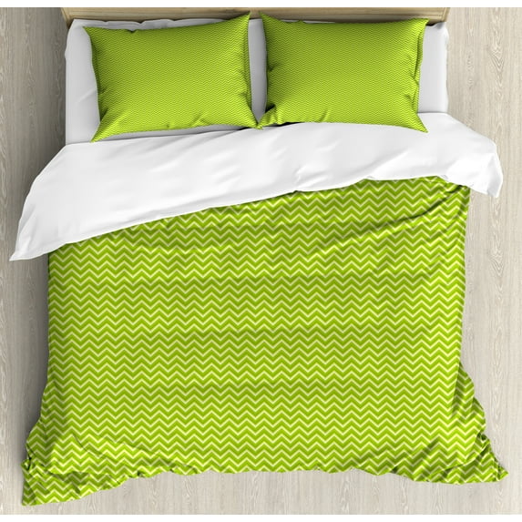 Herringbone Duvet Cover Set, Continuous Geometric Zigzag Lines Designed in Monochrome Pattern, Decorative 3 Piece Bedding Set with 2 Pillow Shams, Queen Size, Lime Green Pastel Green, by Ambesonne