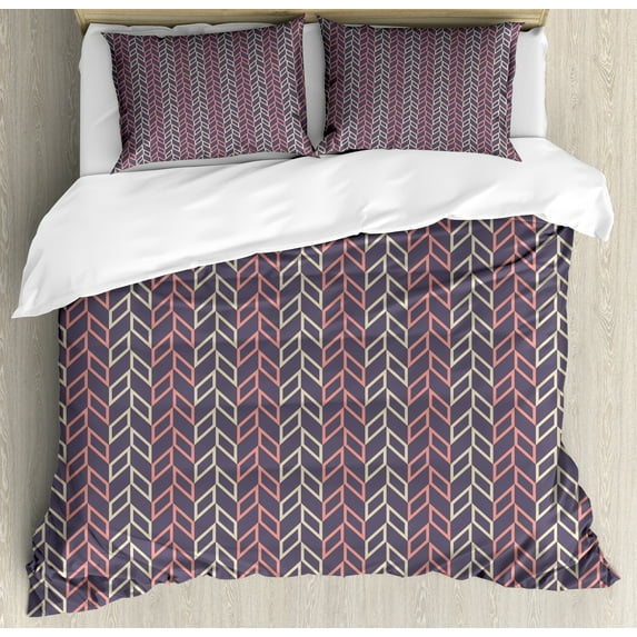 Herringbone Duvet Cover Set, Optical Illusive Image Designed with Repeated Parallelograms, Decorative 3 Piece Bedding Set with 2 Pillow Shams, King Size, Pale Eggplant Beige, by Ambesonne