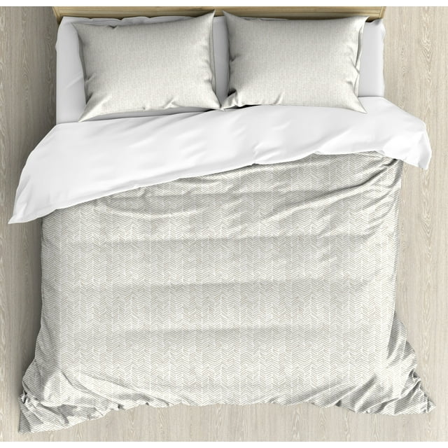 Herringbone Duvet Cover Set Queen Size, Vertical Borders with Chevron Triangles Hand Drawn Style Random Lines Hipster, Decorative 3 Piece Bedding Set with 2 Pillow Shams, Tan White, by Ambesonne