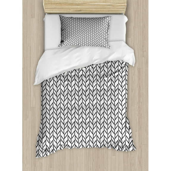 Herringbone Duvet Cover Set, Simple Monochrome Style Checkered Repeated Parallelograms Print, Decorative 2 Piece Bedding Set with 1 Pillow Shams, Twin Size, Off White Charcoal Grey, by Ambesonne