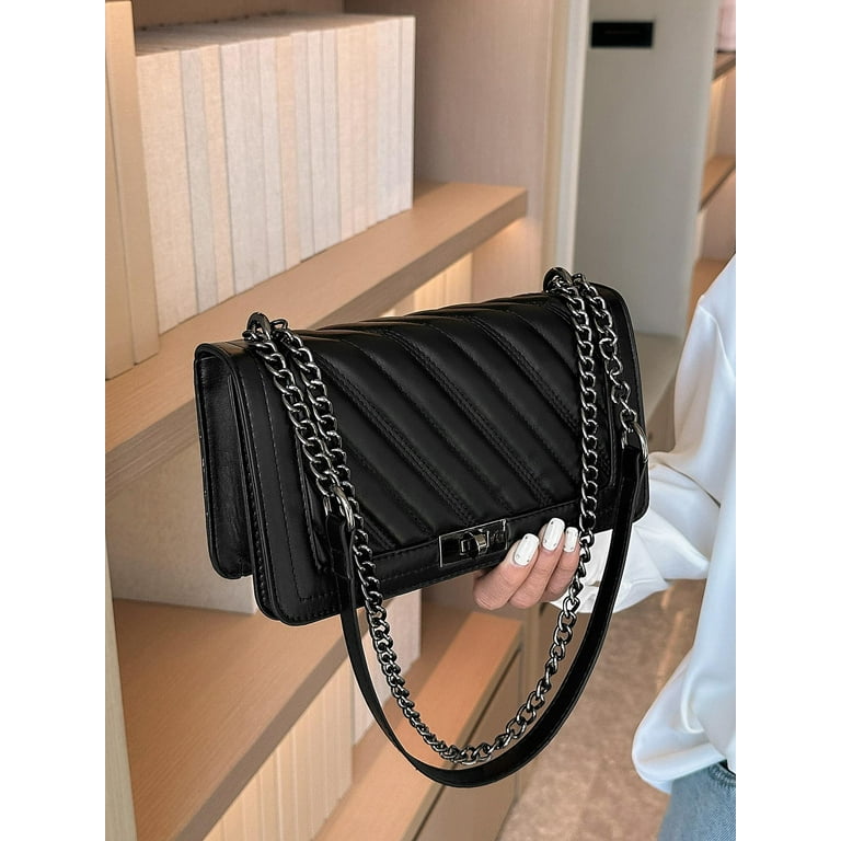 New Power Herringbone Embroidery Twist Lock Mini Square Shoulder Bag Crossbody Bag with Chain Strap for Women Women s Size One size Black