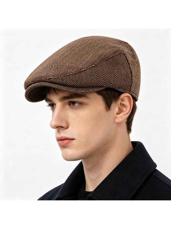 Herringbone Flat Ivy Newsboy Cap  Khaki, Wool Blend Tweed, Classic Vintage Style