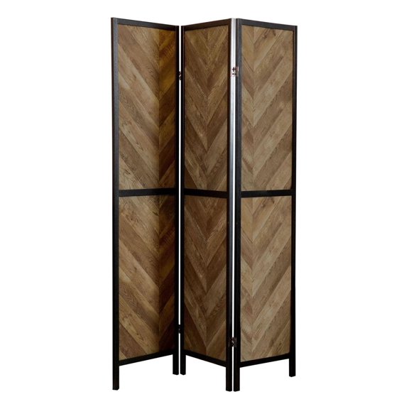 Herringbone Folding Screen - Rustic Tobacco 3-Panel Room Divider - Portable Privacy Screen for Home, Office, or Studio - Decorative Wood & Metal Design