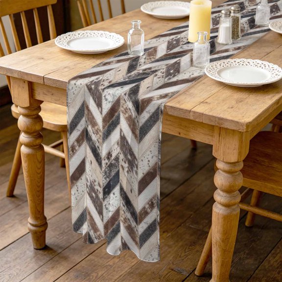 Herringbone Hide 4.5ft Cheesecloth Table Runner for Wedding 19"x55", Western Farm Abstract Grey Black Brown Animal Fur Style Kitchen Dinner Sheer Tulle Chiffon Dresser Scarf, Holiday Party Decor