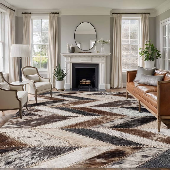 Herringbone Hide 8x10 Area Rugs for Living Room, Western Farm Abstract Grey Black Brown Animal Fur Style Non Slip Floor Mat Washable Low-Profile Indoor Carpet for Bedroom, Dining Room, Bathroom
