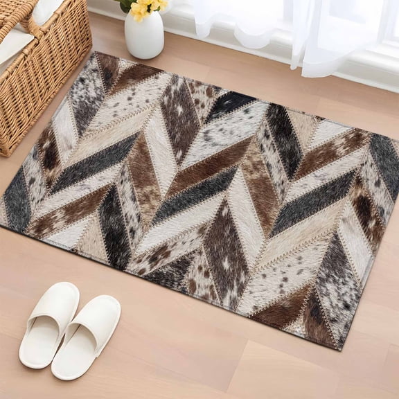 Herringbone Hide Entryway Rug 2'x3' Western Farm Abstract Grey Black Brown Animal Fur Style Small Area Rug Non-Slip Front Door Mat Washable Floor Carpet for Indoor Entrance Kitchen Bathroom
