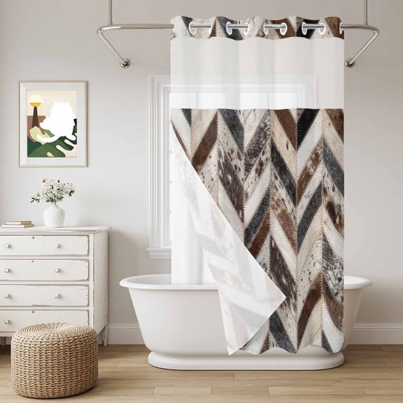 Herringbone Hide No Hook Shower Curtain with Snap in Liner, Western Farm Abstract Grey Black Brown Animal Fur Style Waterproof Shower Curtains with See Through Top Window Liner for Bathroom 36x78 In