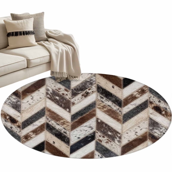 Herringbone Hide Round Area Rugs 3 ft, Western Farm Abstract Grey Black Brown Animal Fur Style Washable Small Area Rug with Non-Slip Sturdy Edge Binding Round Front Door Mat Floor Carpet for Entryway