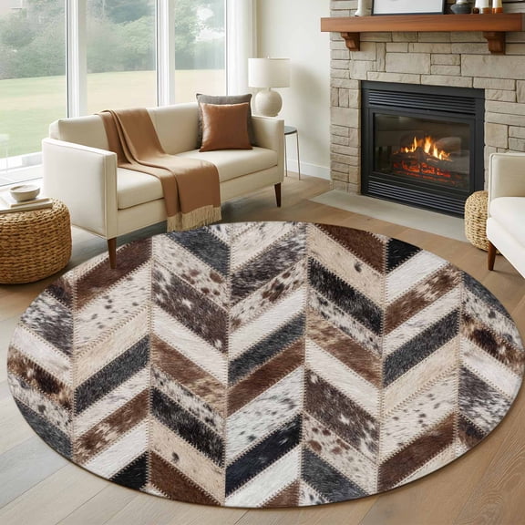 Herringbone Hide Round Rug 6Ft Western Farm Abstract Grey Black Brown Animal Fur Style Circle Area Rugs Washable Non Slip Indoor Floor Mats Carpet for Living Room Bedroom Dining Room Home Decor