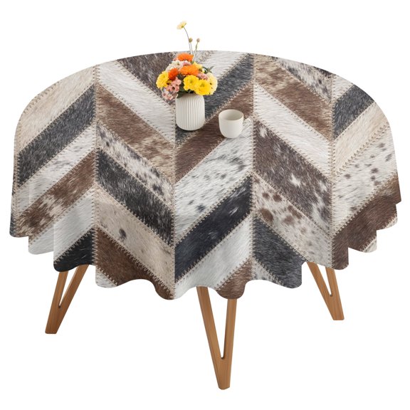 Herringbone Hide Round Tablecloth 60 inches Western Farm Abstract Grey Black Brown Animal Fur Style Waterproof Oil-Proof Table Cloth Round Table Cover for Holiday Party Picnic Dinner Decor