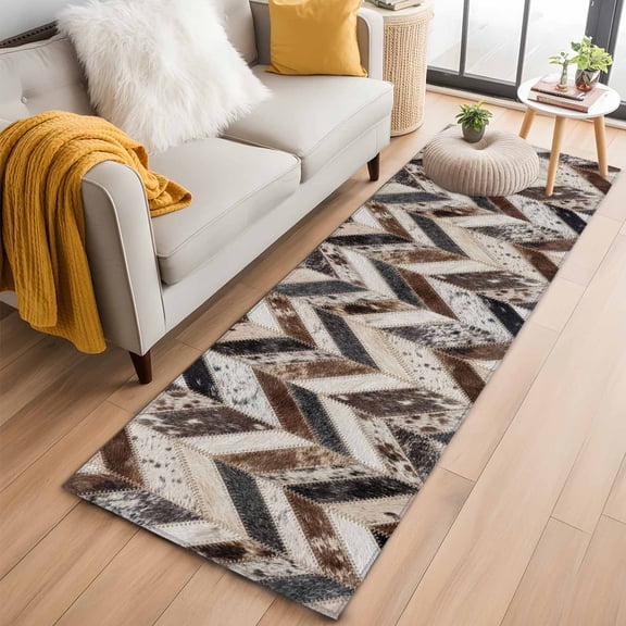 Herringbone Hide Runner Rug 2'x6' Western Farm Abstract Grey Black Brown Animal Fur Style Hallway Runner Rugs Washable Non-Slip Bedside Floor Mats Carpet for Kitchen Bedroom Laundry Room Bathroom