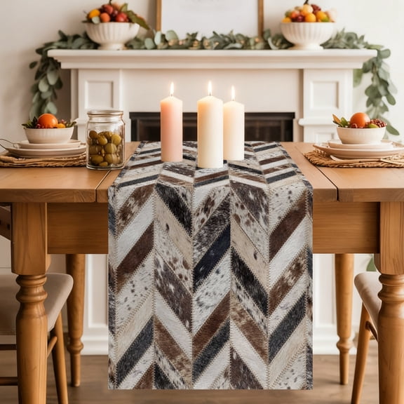 Herringbone Hide Table Runner, Western Farm Abstract Grey Black Brown Animal Fur Style Washable Cotton-linen Table Runners Dining Kitchen Decoration for Everyday Home Wedding Party 13 x 108 Inch