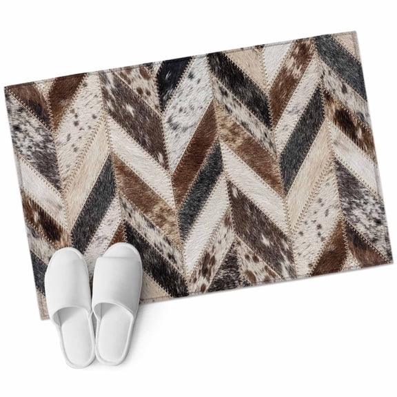 Herringbone Hide Washable Small Entryway Area Rugs 2'x3', Western Farm Abstract Grey Black Brown Animal Fur Style Low Pile Throw Rug Non-Slip Edge Binding Carpet for Front Door Floor Room Entry