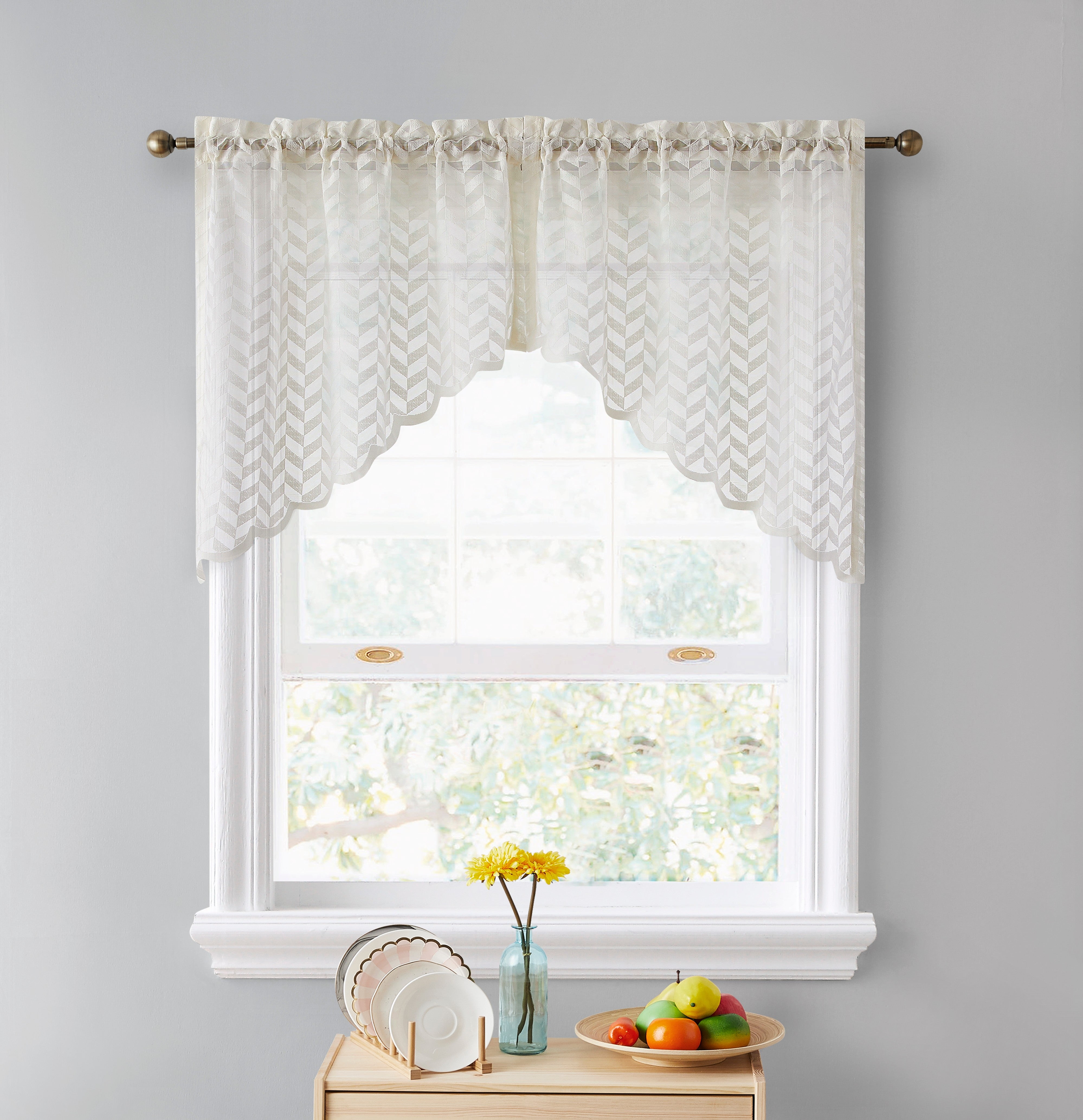 Herringbone Lace Sheer Rod Pocket Cafe Tiers & Swag Curtains