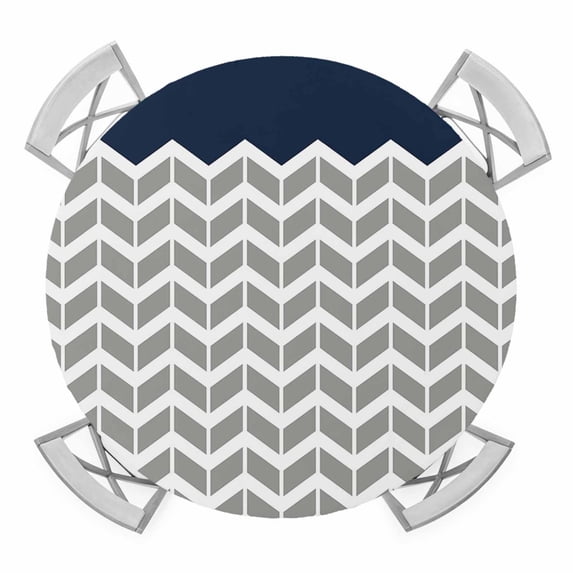 Herringbone Pattern Elastic Fitted Round Table Cover Vintage Navy Blue Grey Waterproof Outdoor Tablecloth for Holiday Party, Picnic, Patio & Dining Fits Tables Up to 36"-44"