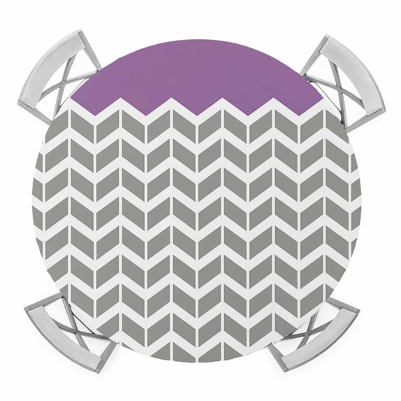 Herringbone Pattern Elastic Fitted Round Table Cover Vintage Turquoise Purple Grey Waterproof Outdoor Tablecloth for Holiday Party, Picnic, Patio & Dining Fits Tables Up to 45"-54"