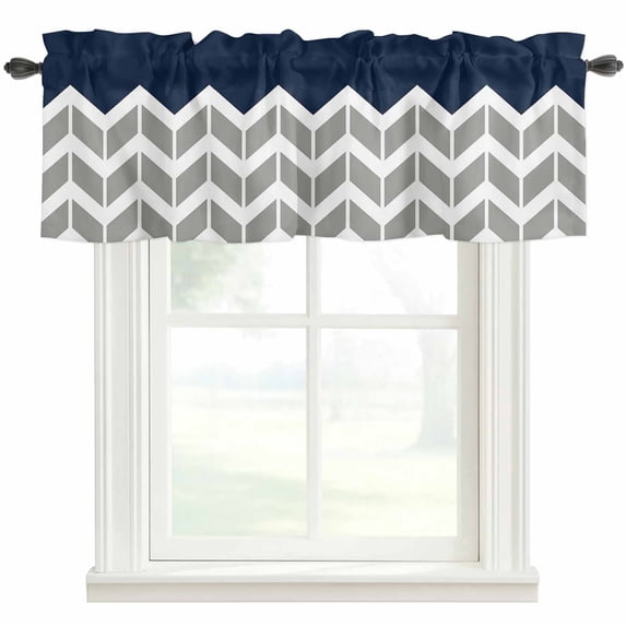 Herringbone Pattern Window Valance Curtain Vintage Navy Blue Grey Rod Pocket Short Curtain for Living Room, Bedroom & Kitchen Window Decor 54x18in
