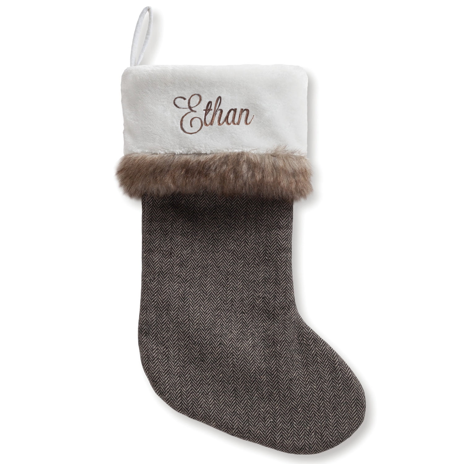Herringbone Personalized Christmas Stocking With Fur Trim