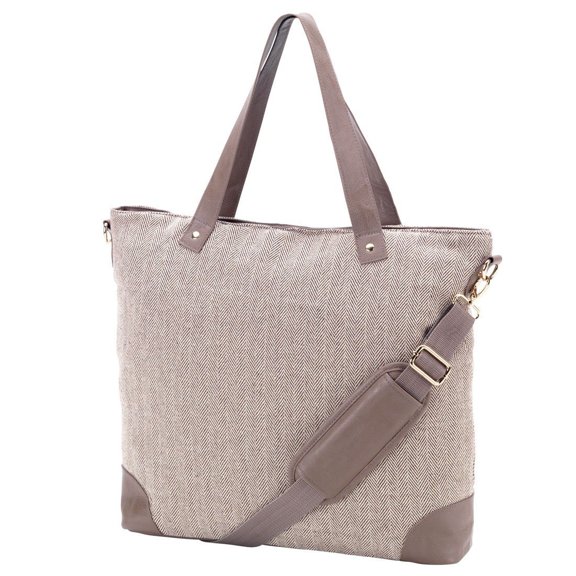 Herringbone Shoulder Tote Bag Faux Leather Trim Can be Personalized Herringbone - Blank