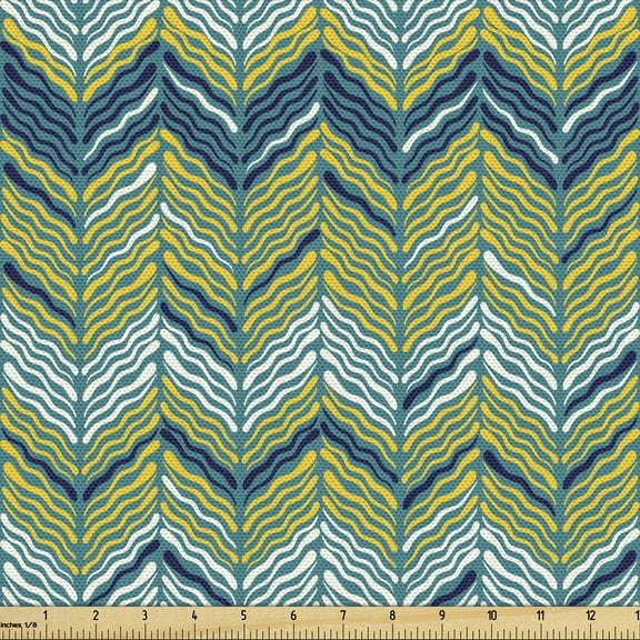Ambesonne Herringbone Fabric by the Yard Upholstery, Abstract Wavy Branch, 2 Yards, Earth Yellow Night Blue