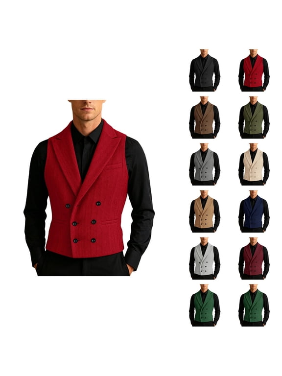 Herringbone Tweed Suit Vest for Men Vintage Classic Double Notch Collar Waistcoat Dress Vest