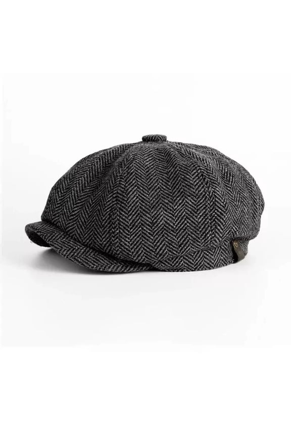 Herringbone Tweed Wool Newsboy Flat Cap, Grey