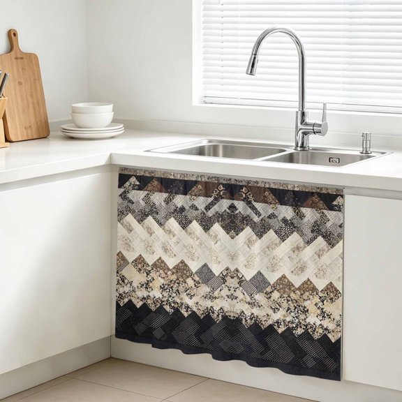 Herringbone Weave Cabinet Curtain, Abstract Rustic Black Charcoal Beige Rugged Retro Sink Skirt for Bathroom, Under Sink shelf Curtain Privacy Drape for Kitchen Laundry Room 10x11in