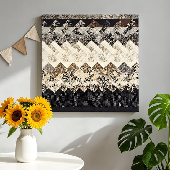 Herringbone Weave Canvas Wall Art, Abstract Rustic Black Charcoal Beige Rugged Retro Framed Canvas Wall Decor Picture Print Artwork Decorations for Living Room Office Ready to Hang 8" x 8"