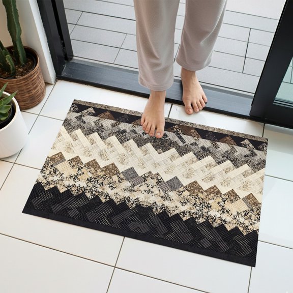 Herringbone Weave Indoor Door Mat 20x31.5 Inch Abstract Rustic Black Charcoal Beige Rugged Retro Front Door Mat Non Slip Washable Entryway Rug Low Profile Dirt Trapper Doormat for Kitchen Bedroom