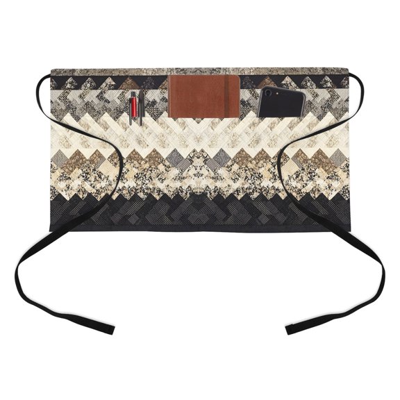 Herringbone Weave Kitchen Restaurant Half Waist Apron, Abstract Rustic Black Charcoal Beige Rugged Retro Server Short Apron with 3 Pockets Waterproof Oil Waist Aprons for Women Waitress Waiter