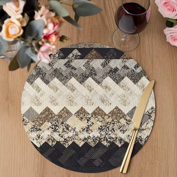 Herringbone Weave Round Braided Placemats Set of 2, Abstract Rustic Black Charcoal Beige Rugged Retro Heat Insulation Place Mats Washable Non-Slip Table Mats for Kitchen Dining Party, 13 Inches