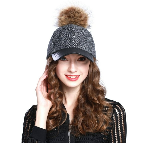 Herringbone Wool Blend Baseball Caps with Faux Fur Pompom
