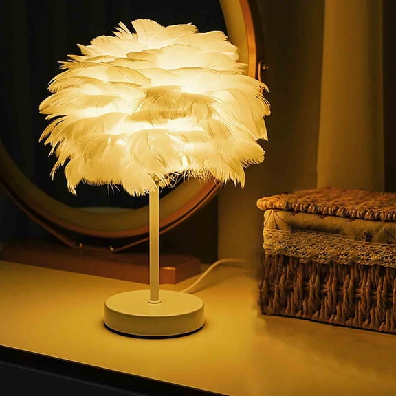 Herrklp Lamp, White Feather Table Lamp Bedside Lamp With Wooden Base Feather Table Lamp Desk Lampshade For Bedroom Home Decoration